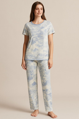 KLS Women Printed Blue, White Night Suit Set