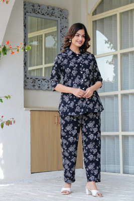 CHARVI CREATION Women Printed Black Shirt & Pyjama set