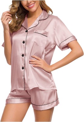 SO WE Women Solid Pink Night Suit Set