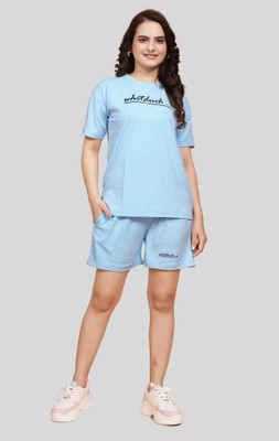 WHITDUCK Women Solid Blue Top & Shorts Set