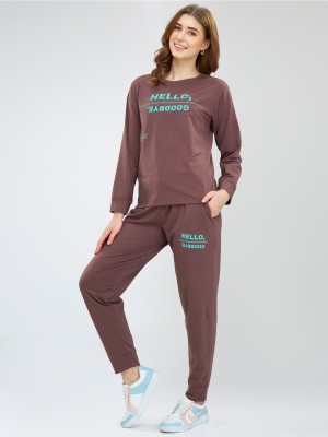 ZEYO Women Printed Brown Top & Pyjama Set