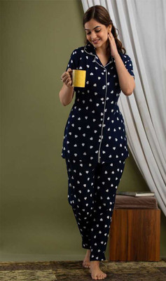 URVASHI FASHION Women Printed Dark Blue Shirt & Pyjama set
