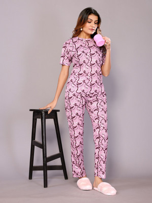 HouseOfCommon Women Printed Pink Night Suit Set