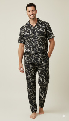 Rockey Men Abstract White Night Suit Set