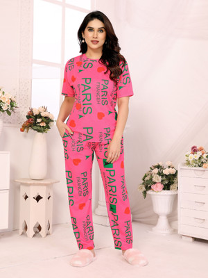 HouseOfCommon Women Printed Pink Night Suit Set