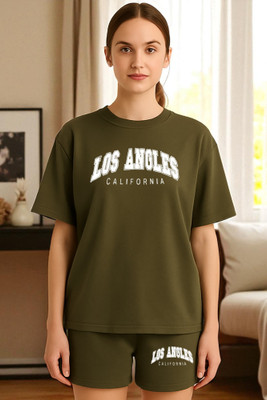 Elvia Women Printed Green Top & Shorts Set