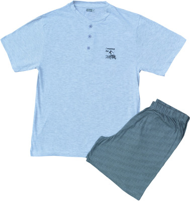 Miracles Of Cotton Castles Men Printed, Solid Blue, Green Top & Shorts Set