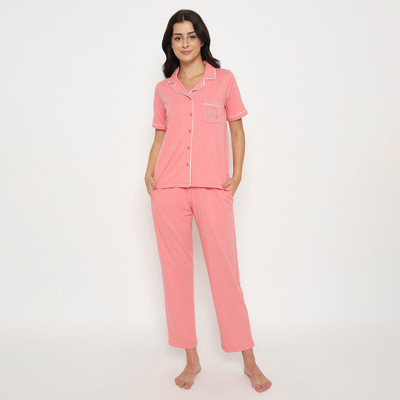 M Secret Women Solid Pink Night Suit Set