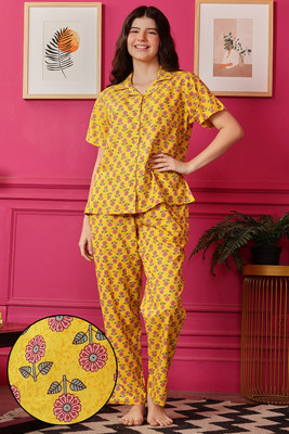Clovia Women Floral Print Yellow Top & Pyjama Set
