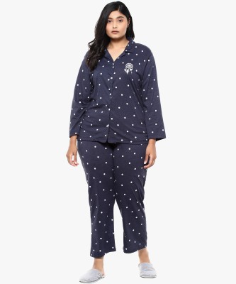 Instafab Plus Women Polka Print Dark Blue Night Suit Set