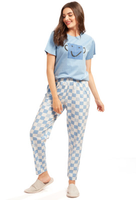 AV2 Women Checkered Blue Top & Pyjama Set