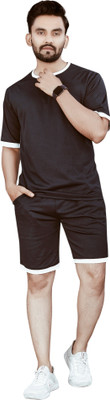 NISPRUH Men Striped Black Night Suit Set