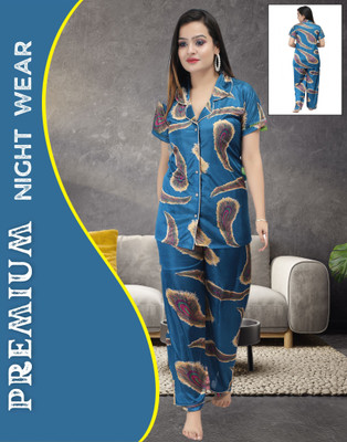 Ansh Collection Women Printed Blue Night Suit Set