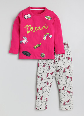 Lazy Shark Girls Printed Pink Night Suit Set