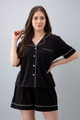 FLORESA Women Solid Black Night Suit Set