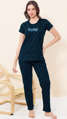 QUIRA Women Printed Green Top & Pyjama Set