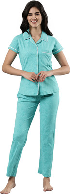 femmora Women Abstract Blue Shirt & Pyjama set