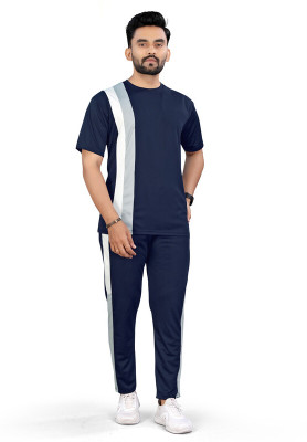 NISPRUH Men Solid Blue Night Suit Set