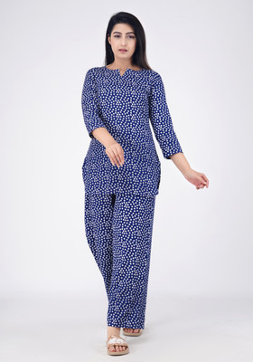 PRADHRUHE Women Printed Blue, White Top & Pyjama Set
