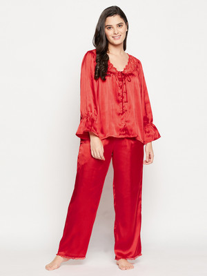 Clovia Women Solid Red Top & Pyjama Set