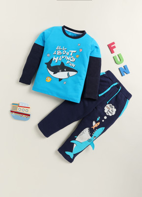 Lazy Shark Boys Printed Blue Night Suit Set