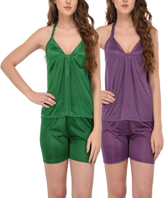 HouseOfCommon Women Solid Purple, Green Top & Shorts Set