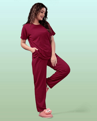 SAKARMAA Women Solid Maroon Top & Pyjama Set