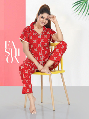 INNER BEATS Women Geometric Print Red Night Suit Set