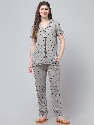 WONDERFIRST Women Colorblock, Floral Print, Solid, Printed Grey Shirt & Pyjama set