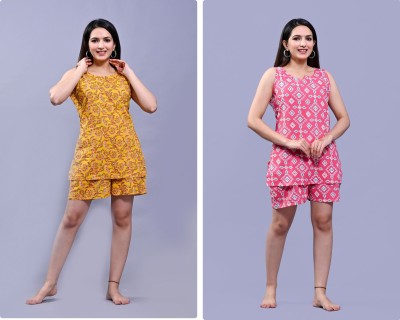 KRATI CREATIONS Women Printed Yellow Top & Shorts Set