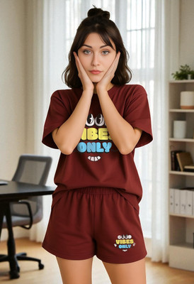 Elvia Women Printed Maroon Night Suit Set