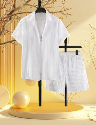 7starenterprise7 Men Solid White Night Suit Set
