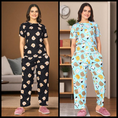 FASHION GREAB Women Printed Black Top & Pyjama Set
