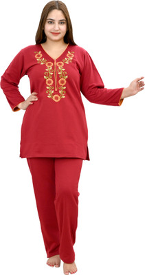NACNO Women Solid, Embroidered Maroon Top & Pyjama Set