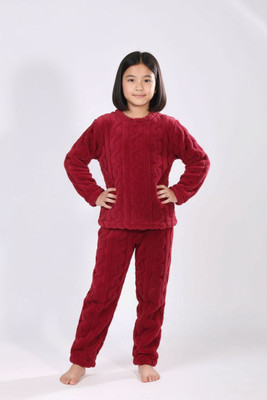Lugo Boys & Girls Self Design Maroon Night Suit Set