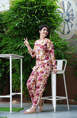 PRADHRUHE Women Printed Purple Night Suit Set