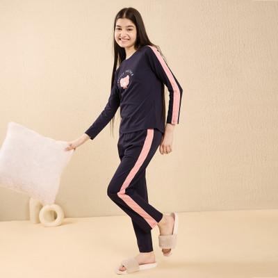 SWEET DREAMS Girls Solid, Printed Dark Blue Top & Pyjama Set