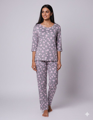 Mizan Trendz Women Floral Print Grey, Pink Top & Pyjama Set