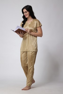 RE OK Women Solid Gold Top & Pyjama Set