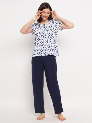 Clovia Women Polka Print White Top & Pyjama Set