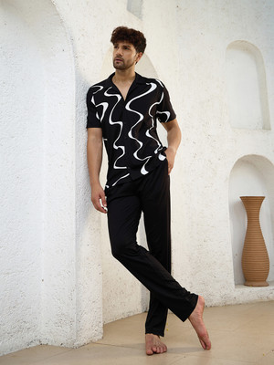 SWEET DREAMS Men Printed Black Top & Pyjama Set