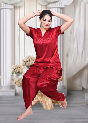 JiyaJay Fashion Women Solid Red Top & Pyjama Set