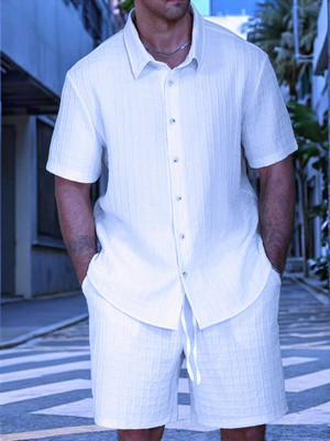 MAA UMA Men Solid, Checkered White Night Suit Set