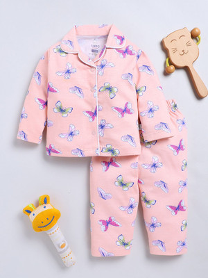 YK X Tinyo Baby Girls Printed Pink Night Suit Set