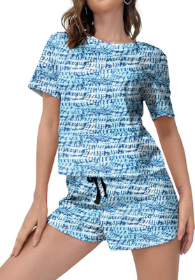VMENTERPRISE Women Printed Light Blue Night Suit Set