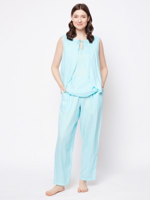 Clovia Women Solid Blue Top & Pyjama Set