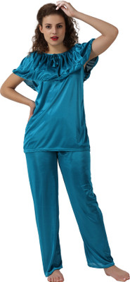 GOODNIGHT GLAM Women Self Design Blue Top & Pyjama Set