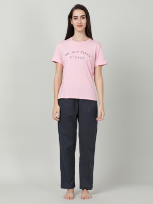 Mackly Women Printed Pink, Blue Top & Pyjama Set