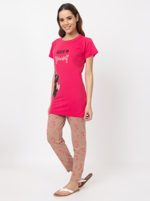 RG BY SS CLOTHING Women Printed Pink, Brown Top & Pyjama Set
