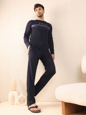 SWEET DREAMS Men Striped Dark Blue Top & Pyjama Set